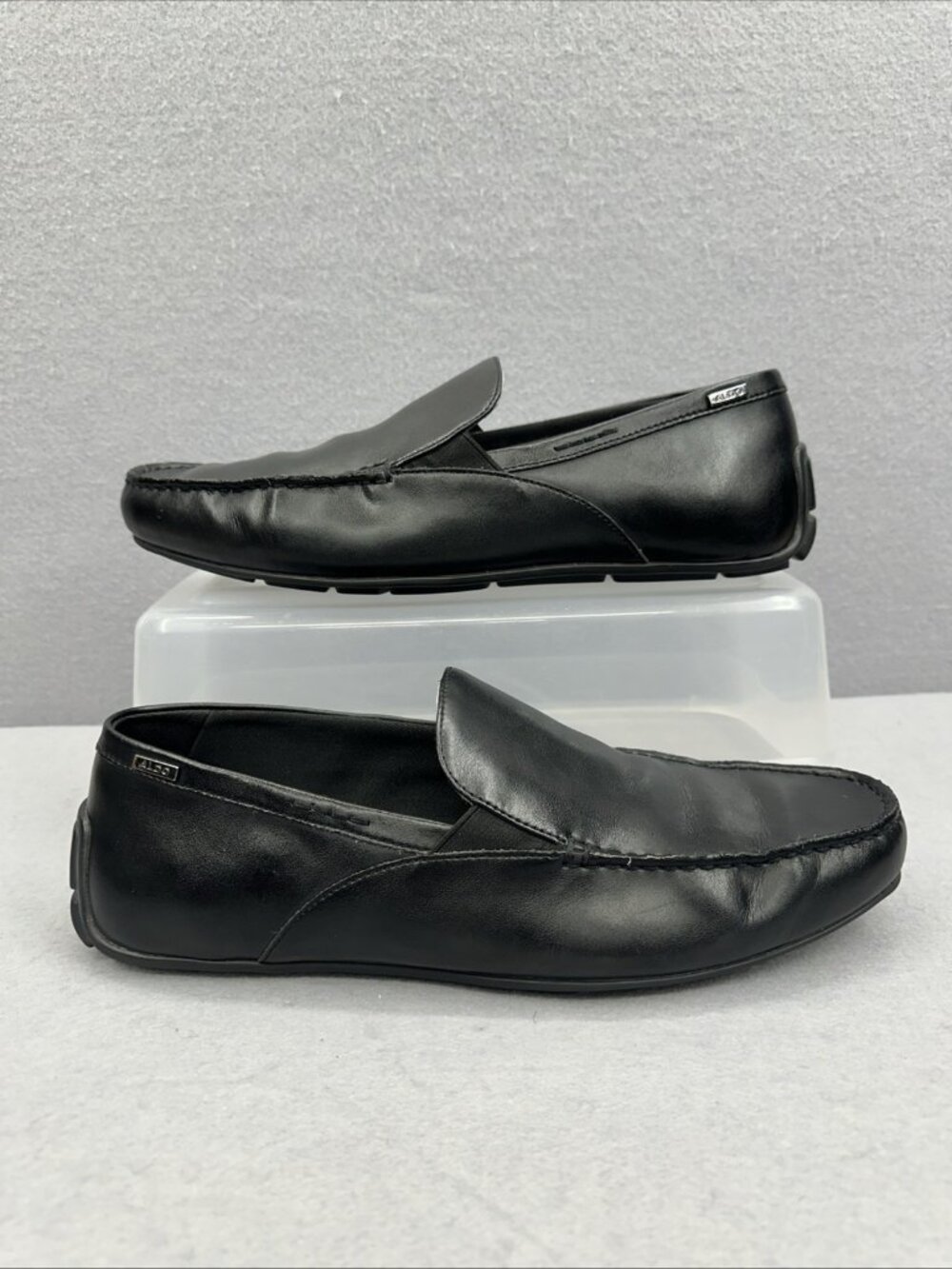Aldo Leibelt Loafers Men 10.5 Black Leather Slip On Moccasin Driving Shoes EUC